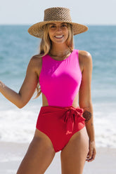 Maillot une-pièce Yacht Colorblock à col licou - Rouge/Rose